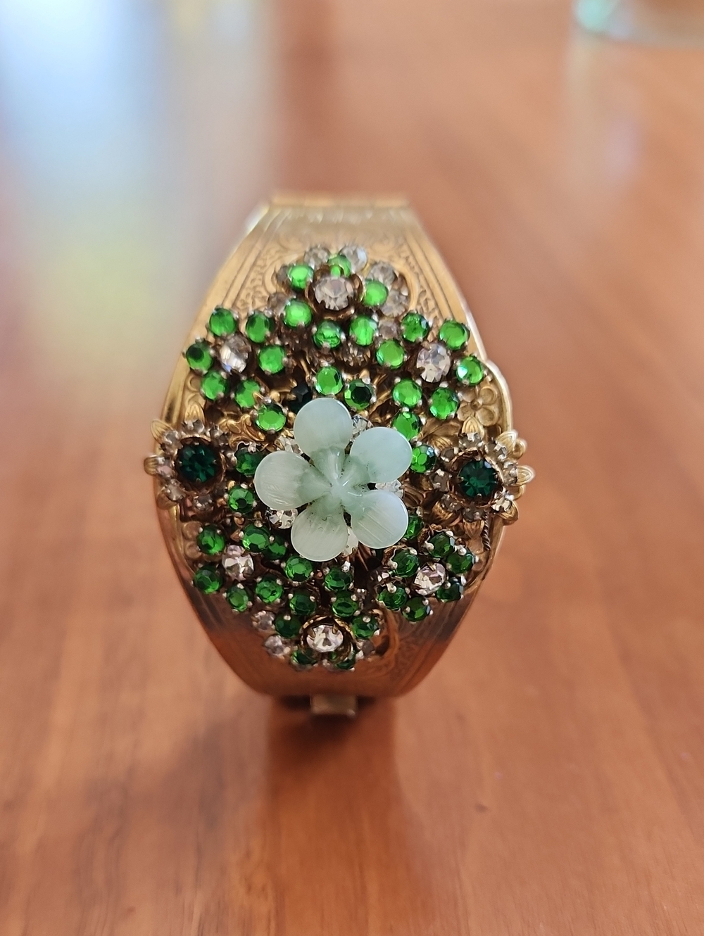 Rare Signed Stanley Hagler NYC Vintage Hinged Cuff Bracelet Green Floral